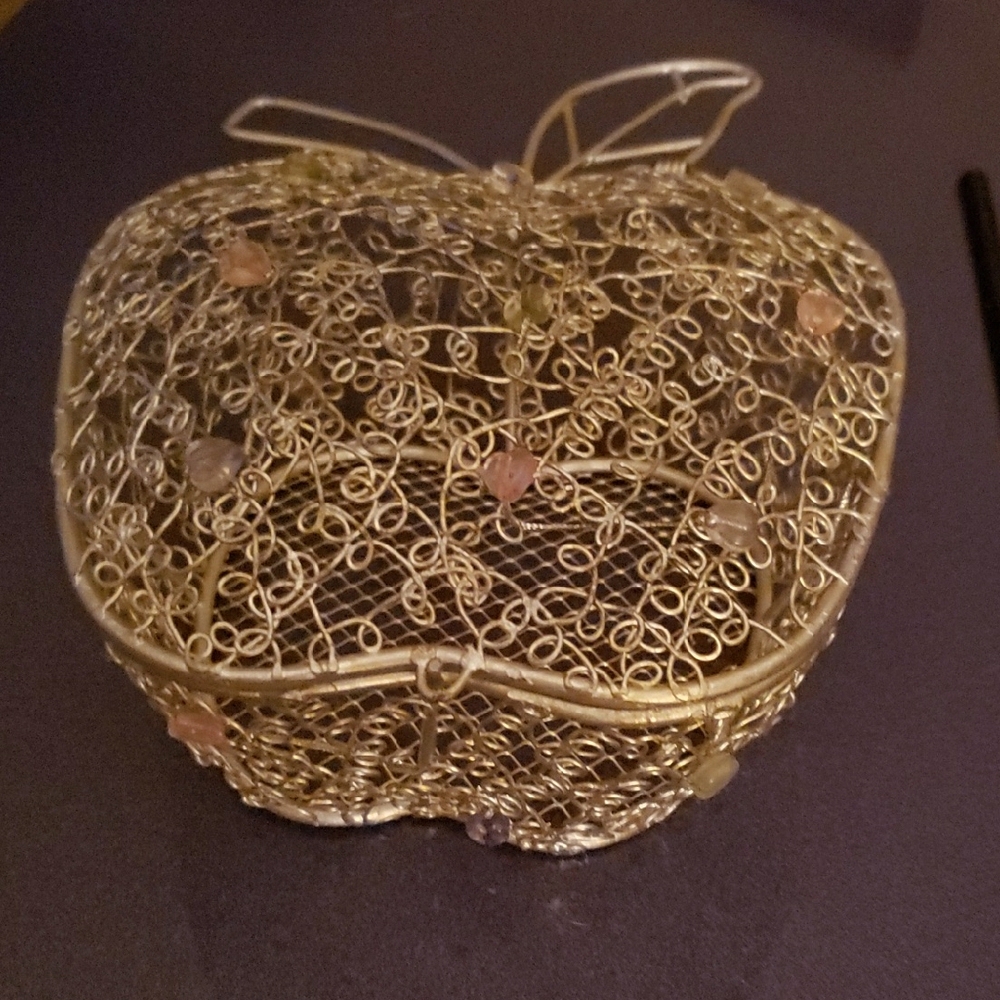 Silver Wire Apple Shaped Basket with Crystal Bead Accents 1990s